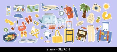 Summer Vacation Plane stickers. Travel by plane elements in cartoon flat style. Warm clothes, first aid kit, trip coastal icons. Hygiene travel kit: toothpaste, soap, toilet paper, dental floss, umbrella. Stock Vector