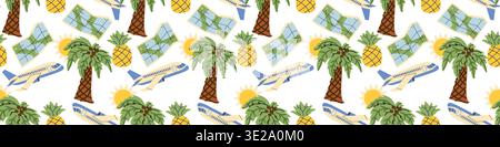 Summer vacation seamless border pattern isolated on white. Plane and map, palm tree and pineapple pattern. Vector texture for summer textile, wallpapers, fabric design. Stock Vector