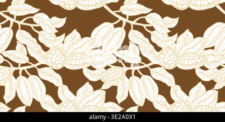 Cocoa pods seamless pattern with fruits and leaves, seeds in sketch style. Outline vector illustration. Cocoa chocolate food background. Stock Vector