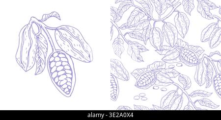 Hand drawn cacao fruit seamless pattern. Cocoa pods and leaves in sketch style. Outline blue or purple vector illustration. Cocoa fruits food background. Stock Vector