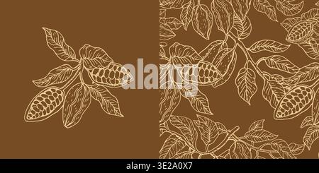 Chocolate fruit seamless pattern and cocoa branch in sketch style. Cocoa fruits and leaves outline. Hand drawn vector illustration. Cocoa fruits background. Stock Vector