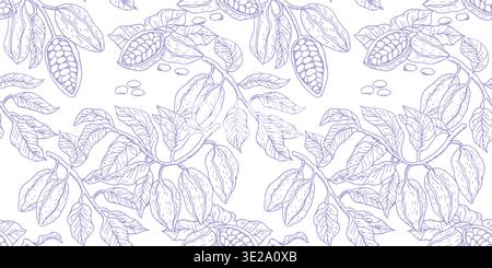 Chocolate fruit seamless pattern. Cocoa beans and fruits and leaves, seeds. Outline vector texture illustration. Cocoa fruits background. Stock Vector