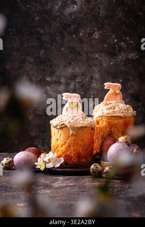 Traditional Easter cake kulich and eggs Stock Photo