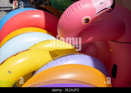 Summer vacation background with colorful swimming floats in bright natural sunlight Stock Photo