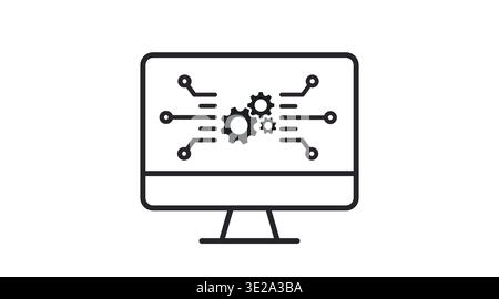 Black line artificial intelligence computer icon with gears and circuit lines Stock Vector
