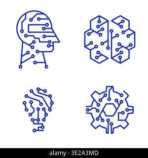Modern vector icons set with head, brain, light bulb and gear with circuit chip elements. Concept of innovation technology logo, digital mind, artific Stock Vector