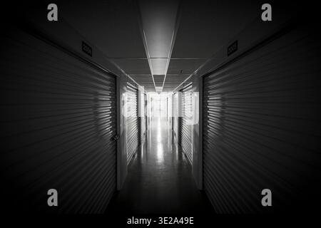 Scary hallway in self storage center, USA Stock Photo