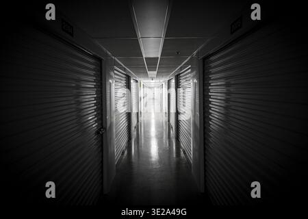 Scary hallway in self storage center, USA Stock Photo