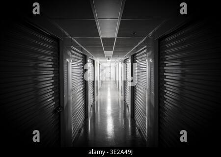 Scary hallway in self storage center, USA Stock Photo