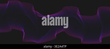 Abstract neon particle wave of purple and blue dots forming flowing lines on black, futuristic big data background. Stock Vector