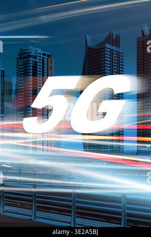 New technology for fast internet in a city with tall buildings at night Stock Photo
