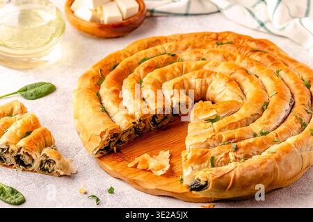 Spanakopita, greek phyllo pastry pie with spinach and feta cheese filling Stock Photo