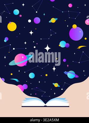 Book, Imagination, Dreams. Cosmos story, space imagination Stock Vector