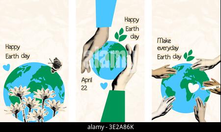 Earth day cut out halftone collage banners set vector illustration Stock Vector