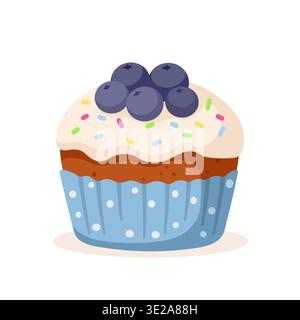 Blueberry cupcake with white icing and sprinkles in blue paper cup. Sweet dessert illustration isolated on white. Stock Vector