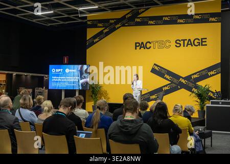 Helsinki, Finland - March 11, 2026: A female speaker presents about packaging responsibility at the PacTec Stage during a professional industry exhibi Stock Photo