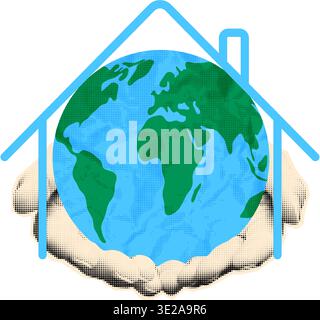 Halftone hands holding Earth globe collage vector illustration Stock Vector