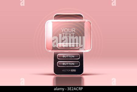 Glassmorphism UI concept on a smartphone display, showing transparent elements, text, and buttons. Vector illustration. Stock Vector