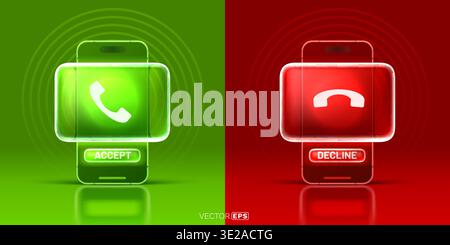 Accept and Decline incoming call buttons on a realistic smartphone screen. Modern UI for phone calls, accept in green, decline in red. Vector illustration. Stock Vector