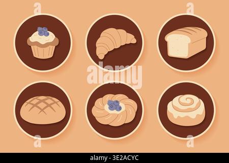 Bakery sticker icons set with bread and pastry emblems vector illustration. Stock Vector