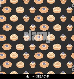 Sweet bakery seamless pattern with pastry on dark background vector illustration. Stock Vector