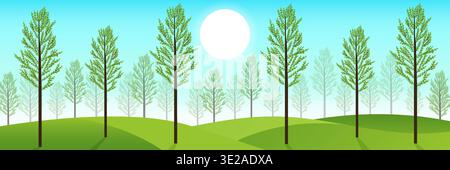 Summer landscape with trees and sunny sky banner vector illustration. Stock Vector