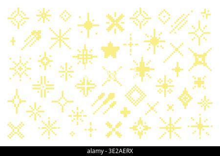 Pixel Art Yellow Stars. Retro Clip Art Set. Stock Vector