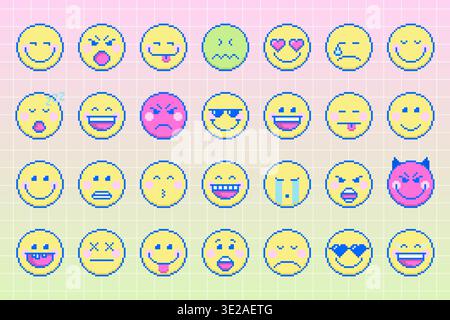 Pixel Art Emoji Set. Isolated Retro Clip Art. Stock Vector