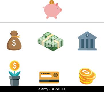 Flat color finance icons set with cash card and dollar sign isolated vector illustration Stock Vector