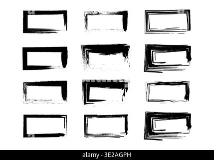 Set of decorative handmade rectangular frames with textured black brush strokes for designing graphic design and photos Stock Photo