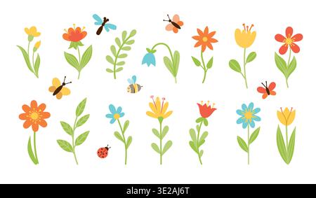 Floral set of flowers, twigs and insects Stock Vector