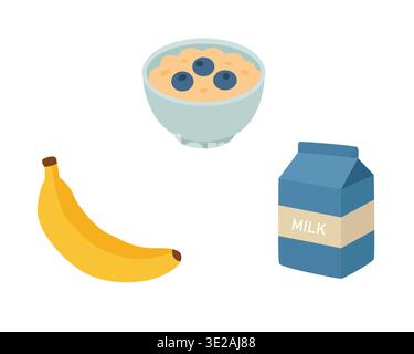 Healthy Breakfast Ingredients with Banana, Oatmeal, and Milk Stock Vector