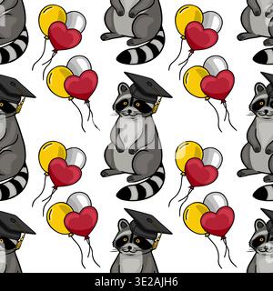 Adorable graduation raccoon illustration with balloons, seamless pattern vector Stock Vector