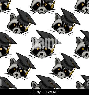 Seamless vector pattern of cute graduation raccoons wearing academic caps Stock Vector