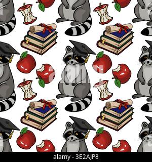 Adorable graduation raccoon wearing a cap with books and apples, seamless vector pattern Stock Vector