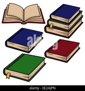 Collection of colorful vector illustrations of open and closed books, isolated on white background Stock Vector