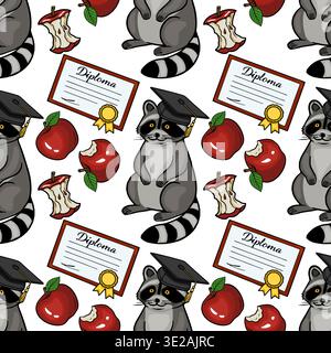 Adorable graduating raccoon wearing a cap and gown, surrounded by apples and diplomas, vector pattern Stock Vector