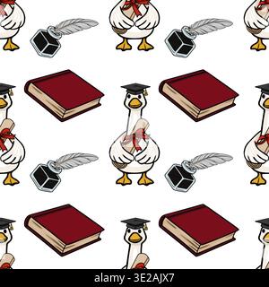 Seamless vector pattern of a cartoon goose wearing a graduation cap and holding a diploma, with vintage inkwells and books. Stock Vector