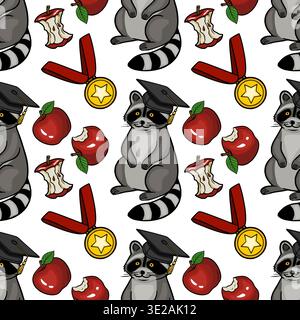 Adorable vector pattern of a graduation raccoon with apples and medals Stock Vector