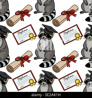 Adorable graduation raccoon vector pattern with diplomas and scrolls Stock Vector