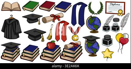 Set of graduation elements vector illustration: caps, gowns, diplomas, books, globes, and awards Stock Vector