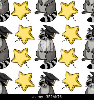 Adorable graduation raccoon vector pattern with star balloons, perfect for educational themes and cute surface designs. Stock Vector