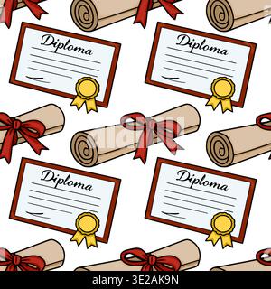 Seamless vector pattern of diplomas and rolled scrolls tied with red ribbons, celebrating academic achievement and graduation. Stock Vector