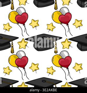 Seamless vector pattern of graduation caps and festive balloons with stars Stock Vector