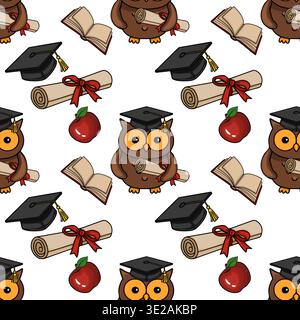 Adorable vector pattern of graduation owls with diplomas, books, and apples Stock Vector