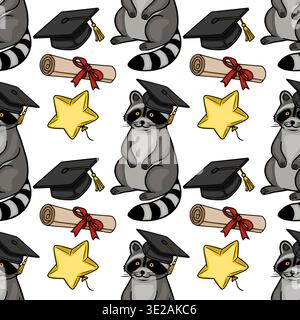 Adorable graduation raccoon vector pattern with mortarboards, diplomas, and stars Stock Vector