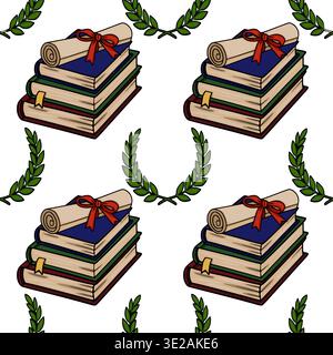 Seamless vector pattern of stacked books with diploma and laurel branches Stock Vector