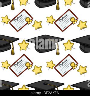 Seamless vector pattern of graduation caps, diplomas, and golden stars Stock Vector