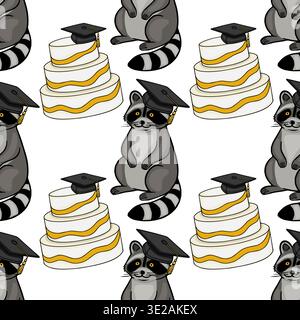 Adorable raccoon wearing graduation cap with multi-tiered cake vector pattern Stock Vector