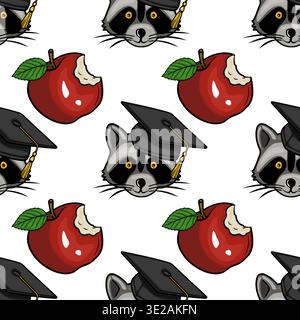 Seamless vector pattern of a cute graduation raccoon with a bitten apple, educational theme Stock Vector